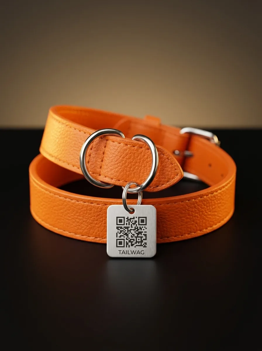 TailWag QR Collar — premium orange leather with engraved QR tag