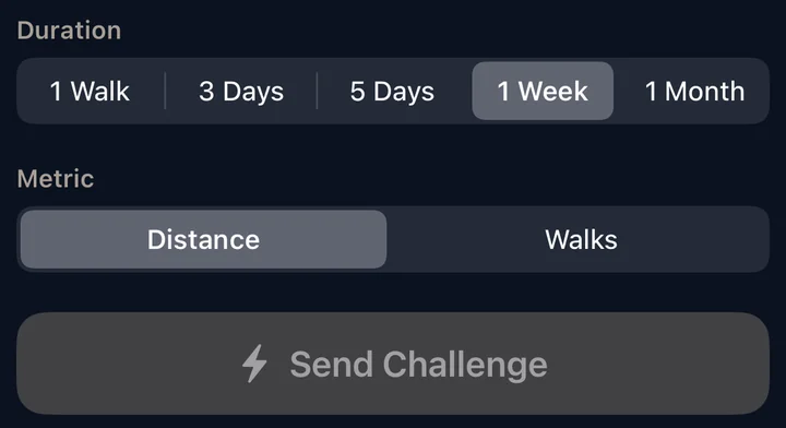 Setting up a Wag War in the app: duration from 1 Walk to 1 Month, metric Distance or Walks, and Send Challenge