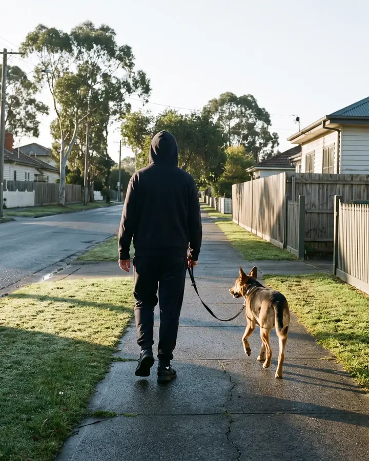 Someone in a dark hoodie walking a kelpie along a suburban footpath at sunrise